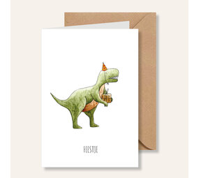 Juulz Illustrations Wenskaart T-Rex Feestje Juulz Illustrations Wenskaart T-Rex Feestje
