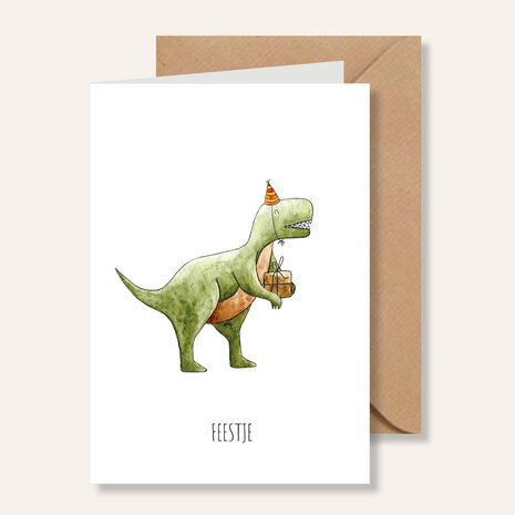 Juulz Illustrations Wenskaart T-Rex Feestje Juulz Illustrations Wenskaart T-Rex Feestje