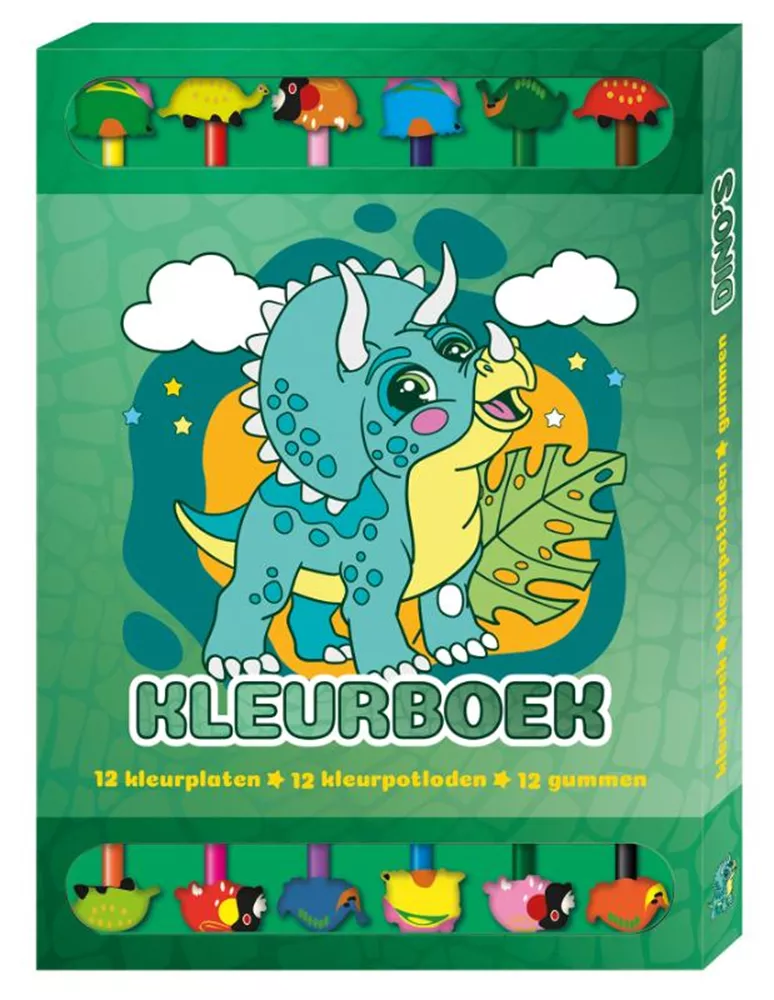 Kleurboek Dino's met 12 Potloden en Gummen afbeelding
