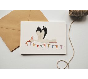 Getekend door Zusje Wenskaart Ooievaar Vlaggetjes