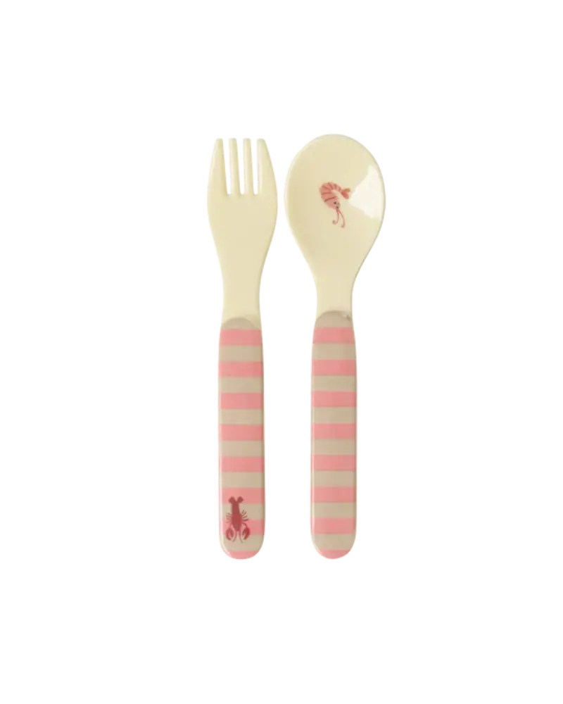 Rice Baby Melamine Spoon and Fork with Coral Ocean Print