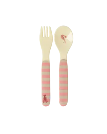 Rice Baby Melamine Spoon and Fork with Coral Ocean Print