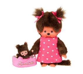 Monchhichi Monchhichi met Mini Bebichhichi in Draagmandje Monchhichi Monchhichi met Mini Bebichhichi in Draagmandje