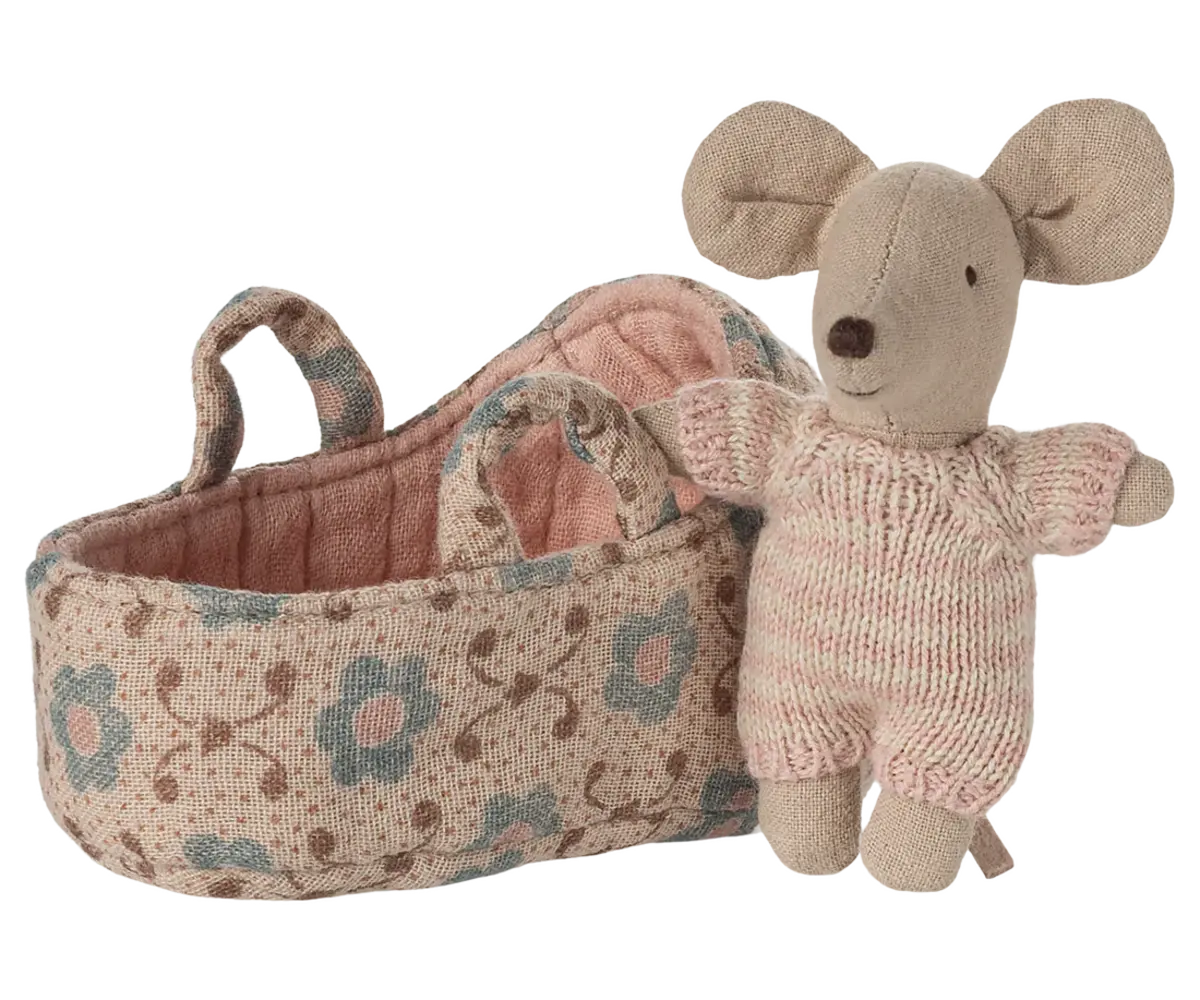 Maileg Baby Mouse in Carry Cot Rose