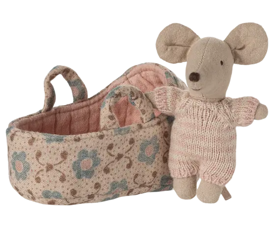 Maileg Baby Mouse in Carry Cot Rose