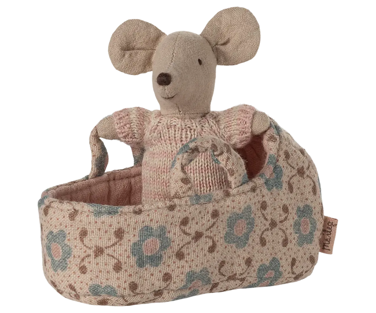 Maileg Baby Mouse in Carry Cot Rose