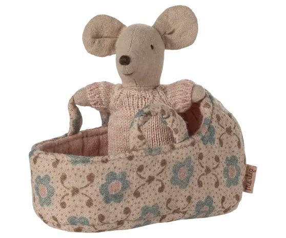 Maileg Baby Mouse in Carry Cot Rose