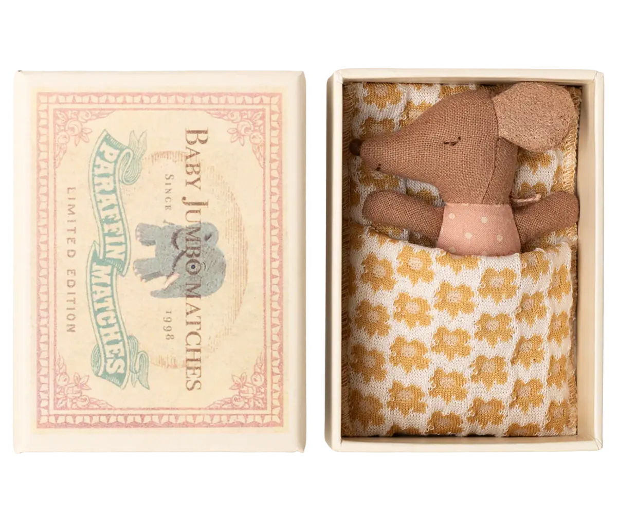 Maileg Sleepy Wakey Baby Mouse in Matchbox Rose