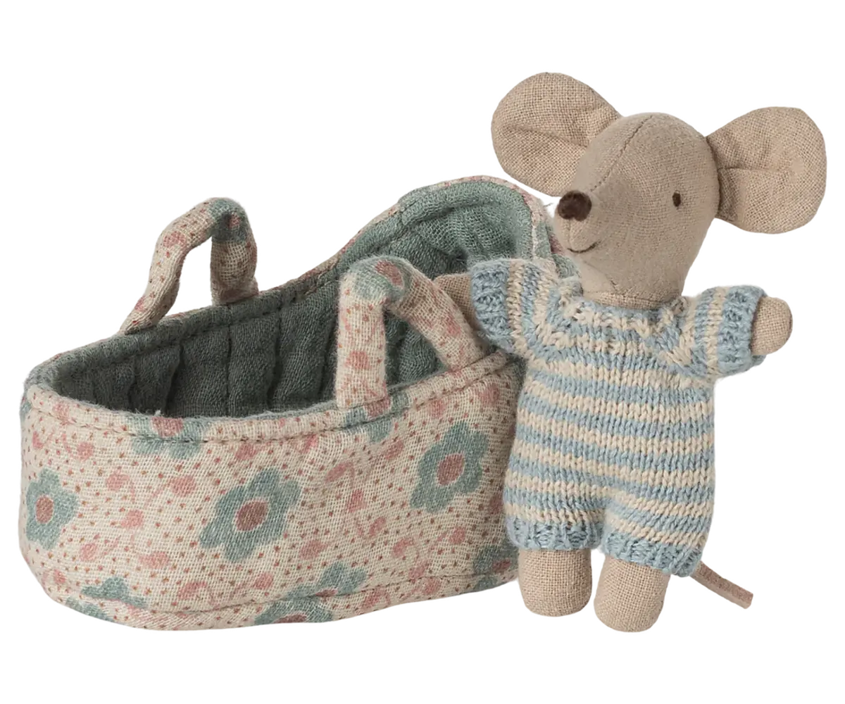 Maileg Baby Mouse in Carry Cot Blue
