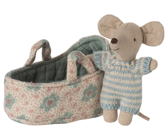Maileg Baby Mouse in Carry Cot Blue