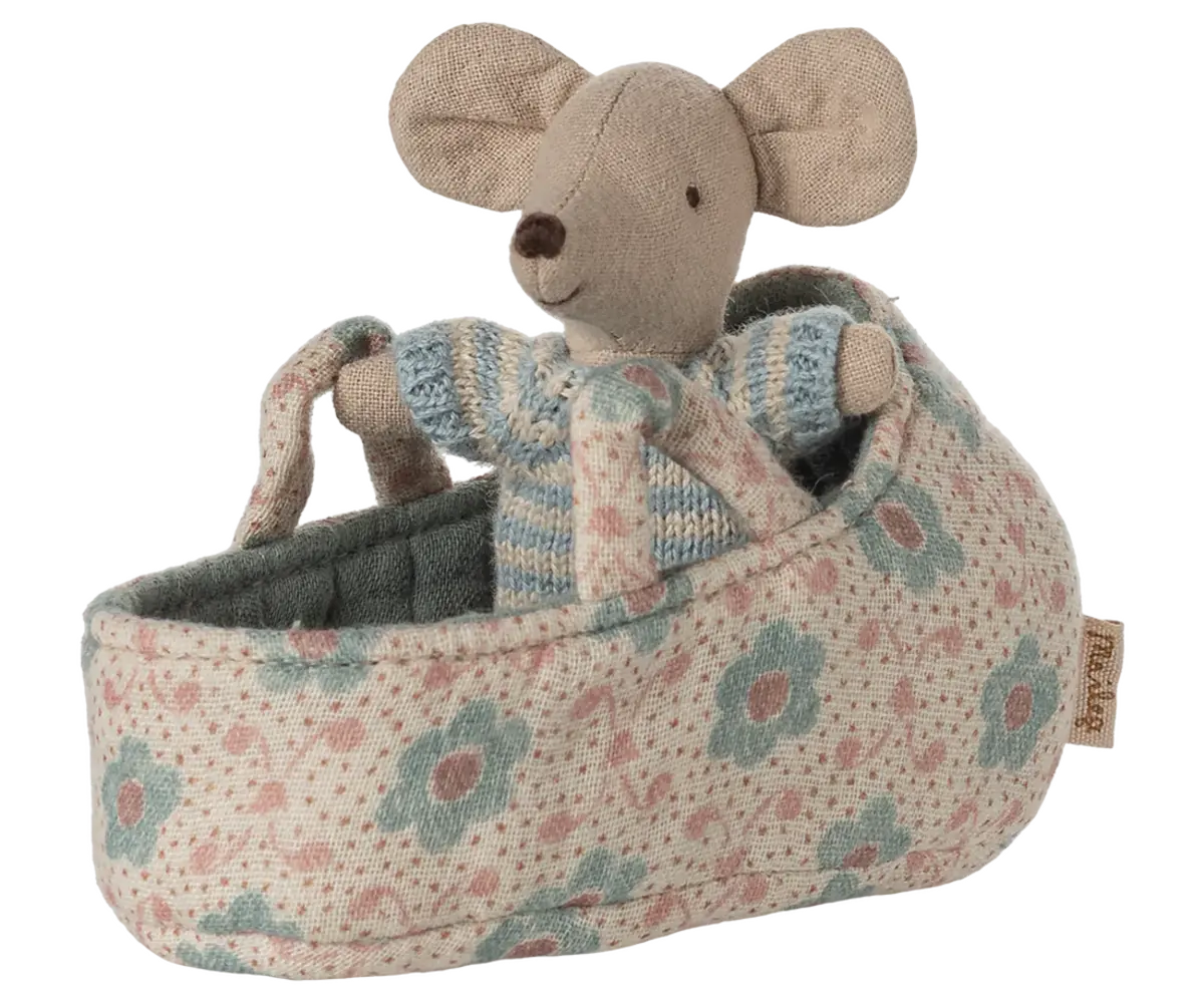 Maileg Baby Mouse in Carry Cot Blue