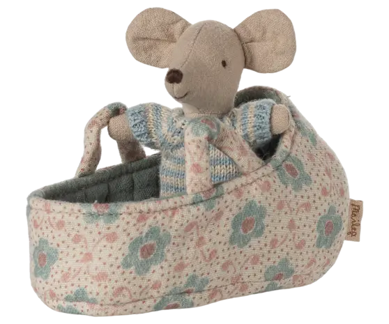 Maileg Baby Mouse in Carry Cot Blue