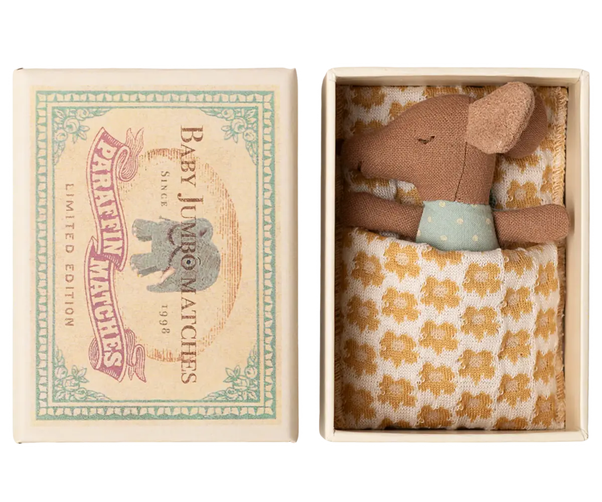 Maileg Sleepy Wakey Baby Mouse in Matchbox Blue