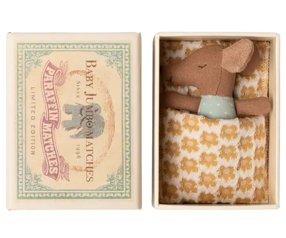 Maileg Sleepy Wakey Baby Mouse in Matchbox Blue