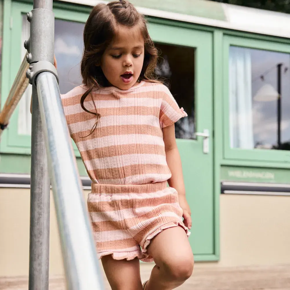 Daily7 Shorts Ruffle Fancy Stripe Silver Pink