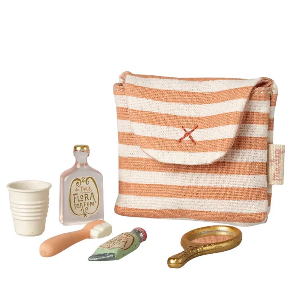 Maileg Toothbrush set in bag, Mouse - Coral stripe Maileg Toothbrush set in bag, Mouse - Coral stripe