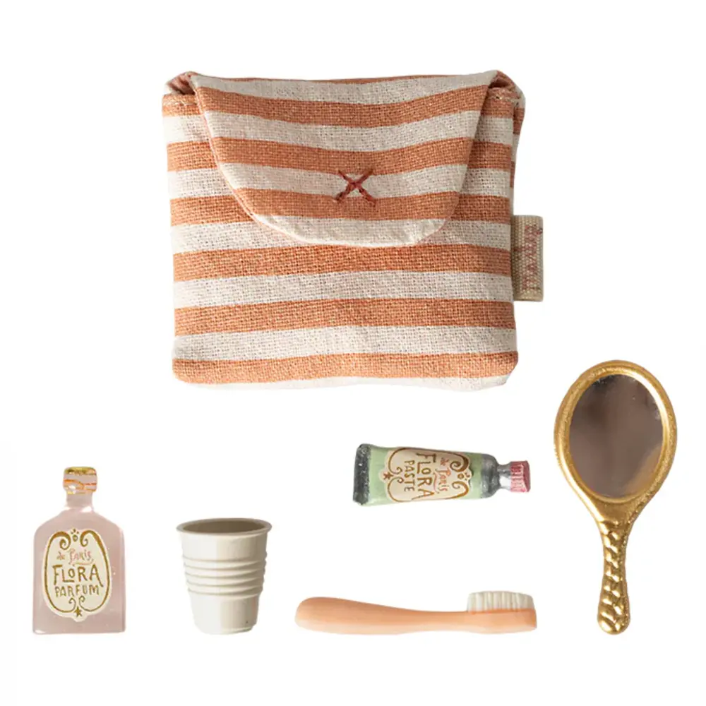 Maileg Toothbrush set in bag, Mouse - Coral stripe Maileg Toothbrush set in bag, Mouse - Coral stripe