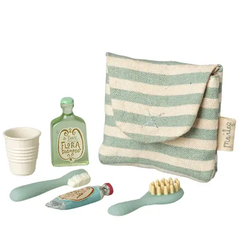 Maileg Toothbrush set in bag, Mouse - Blue stripe Maileg Toothbrush set in bag, Mouse - Blue stripe
