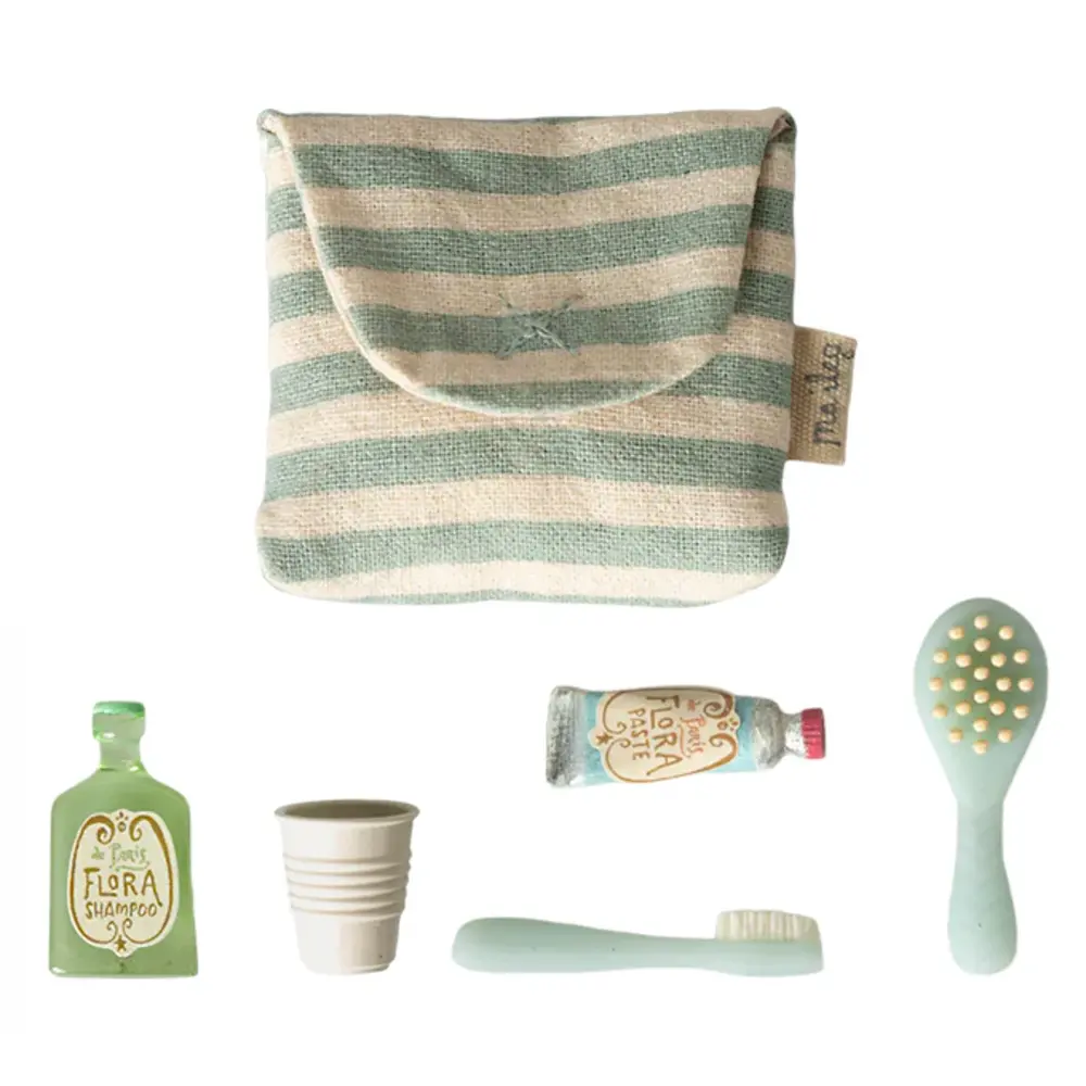 Maileg Toothbrush set in bag, Mouse - Blue stripe Maileg Toothbrush set in bag, Mouse - Blue stripe