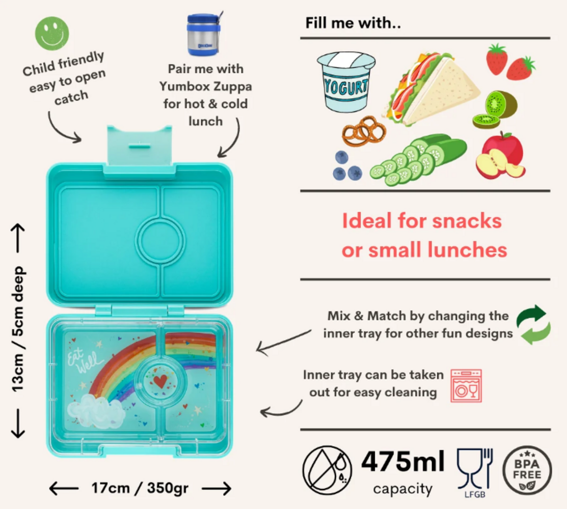 Yumbox Snacktrommel 3 vakken Misty Aqua / Rainbow Tray Yumbox Snacktrommel 3 vakken Misty Aqua / Rainbow Tray