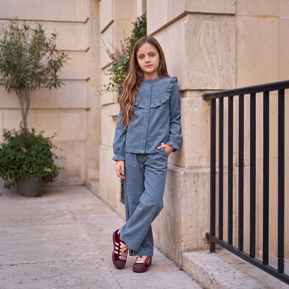 Your Wishes Rib Denim Ruffle Blouse Your Wishes Rib Denim Ruffle Blouse
