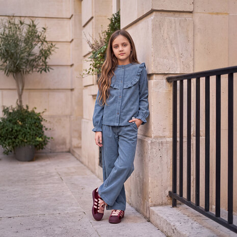 Your Wishes Rib Denim Ruffle Blouse Your Wishes Rib Denim Ruffle Blouse
