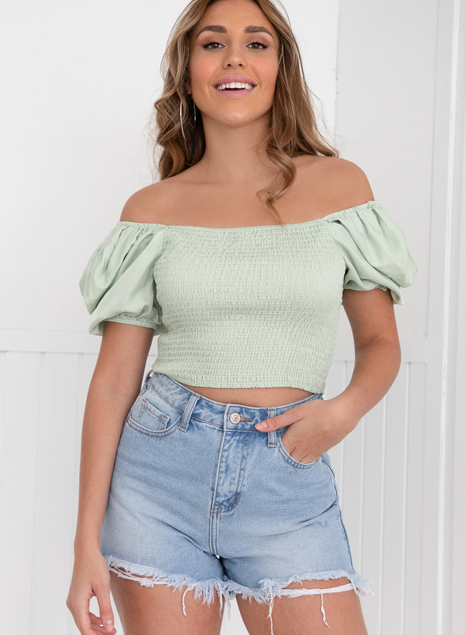 Off shoulder crop top mint groen