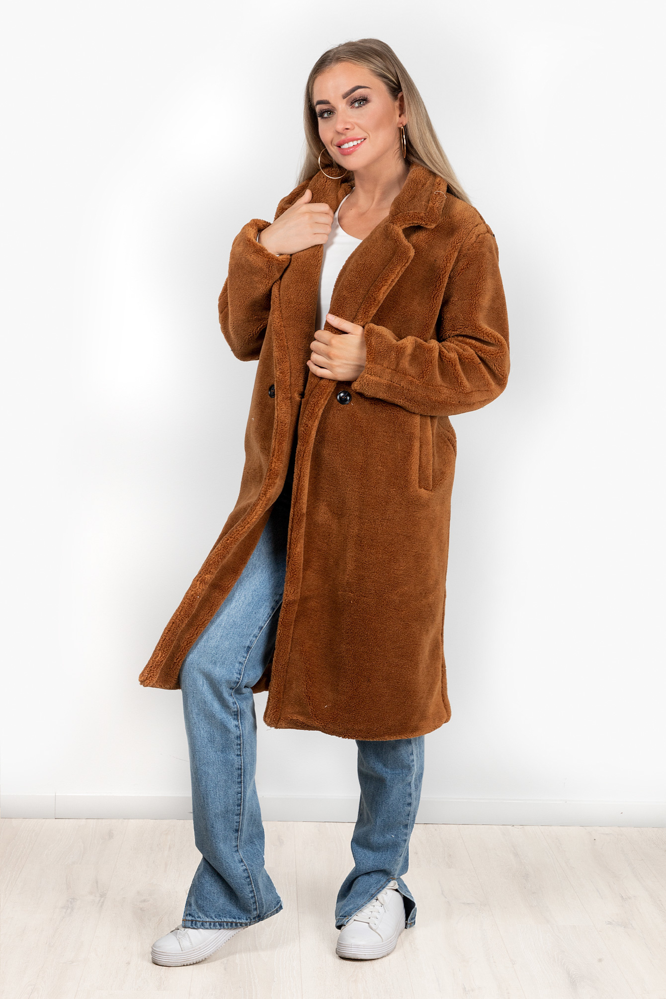 Teddy coat camel I Lange dames winterjas Store