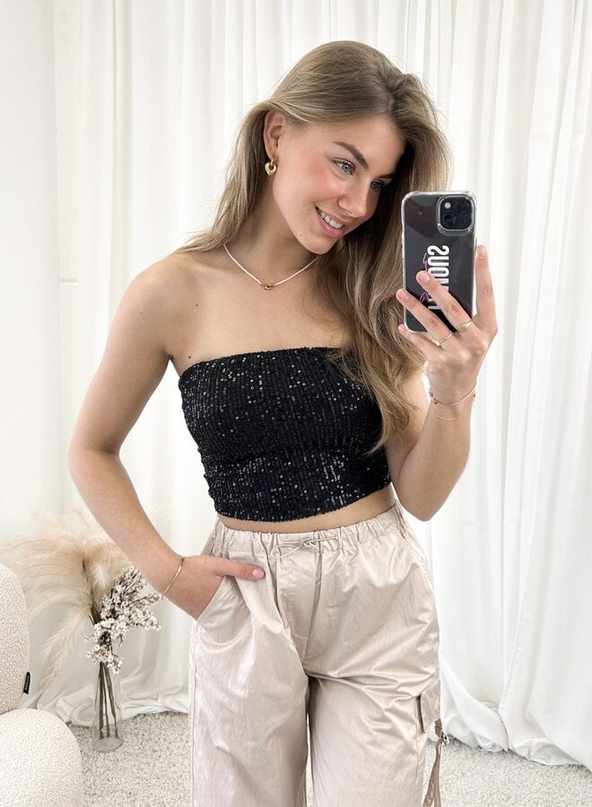 Strapless glitter top zwart