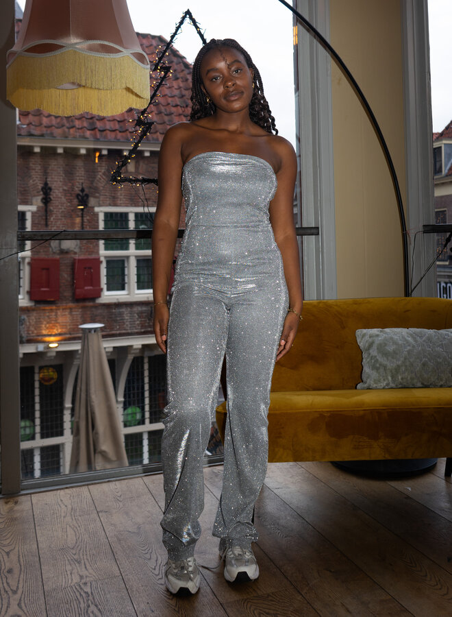 Strapless glitter jumpsuit zilver