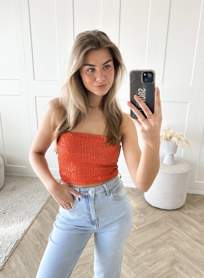 Strapless glitter top oranje