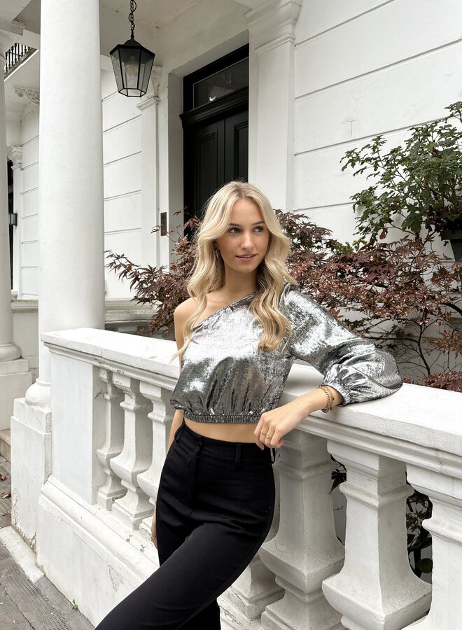 Metallic one sleeve top zilver