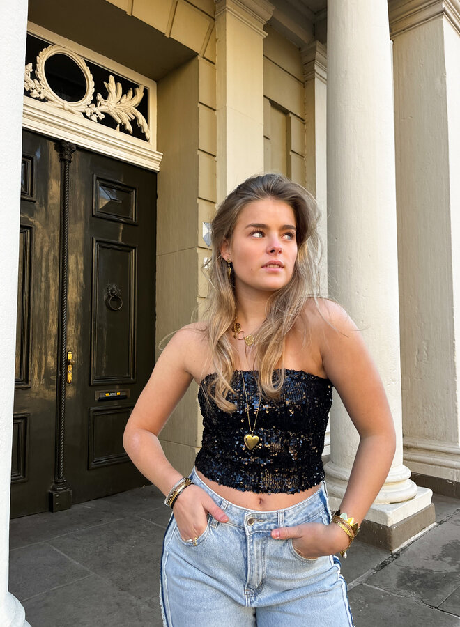 Strapless pailletten top zwart