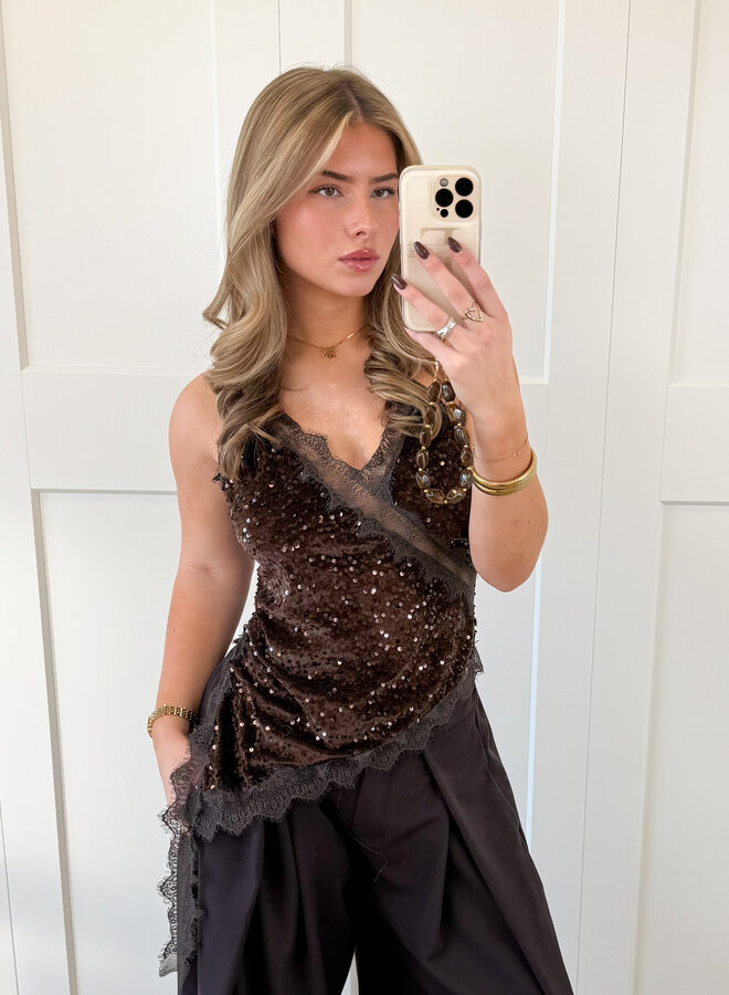 Lace velvet top bruin
