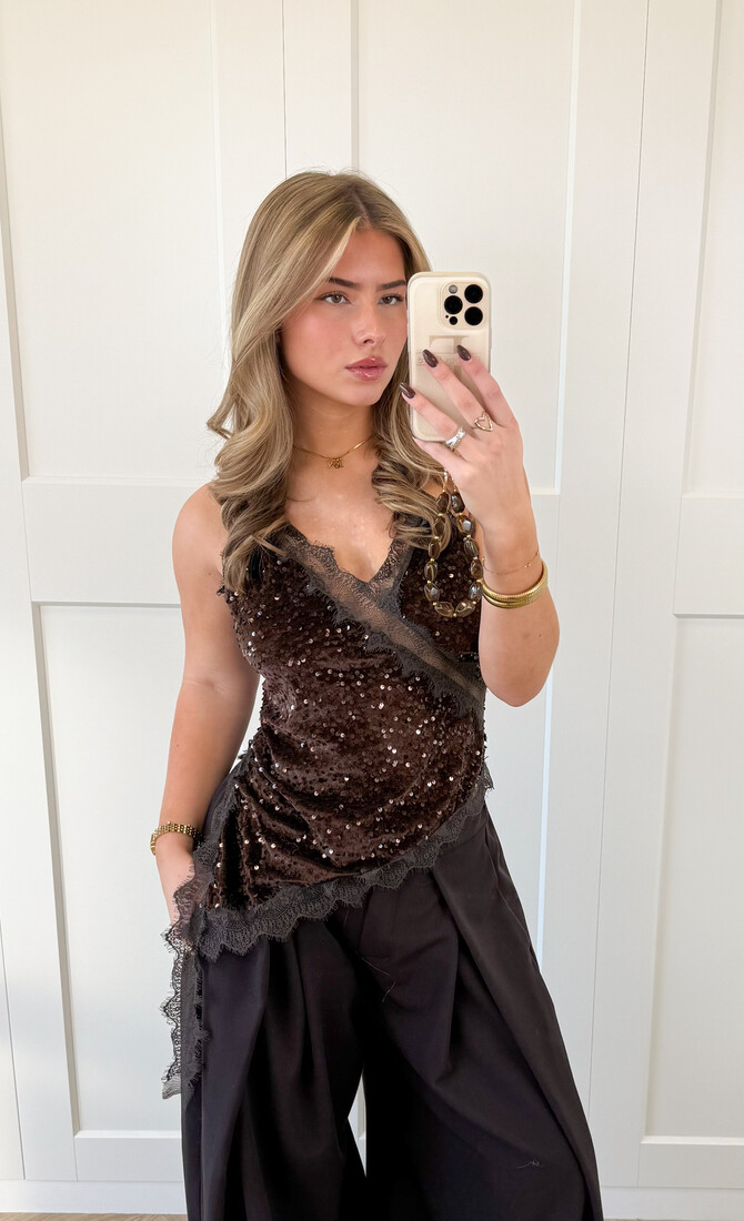 Lace velvet top bruin
