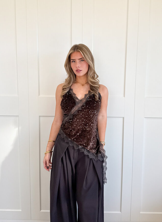 Lace velvet top bruin