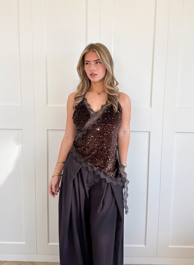 Lace velvet top bruin
