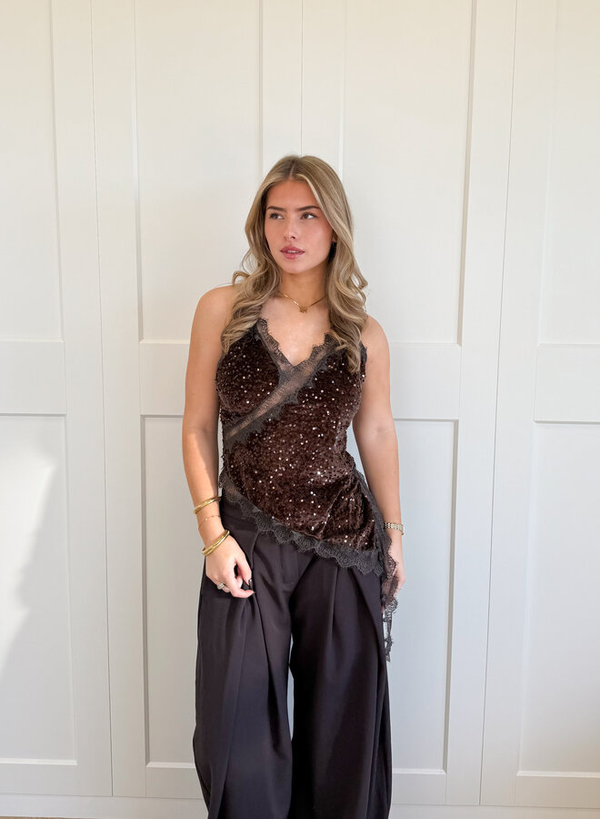 Lace velvet top bruin