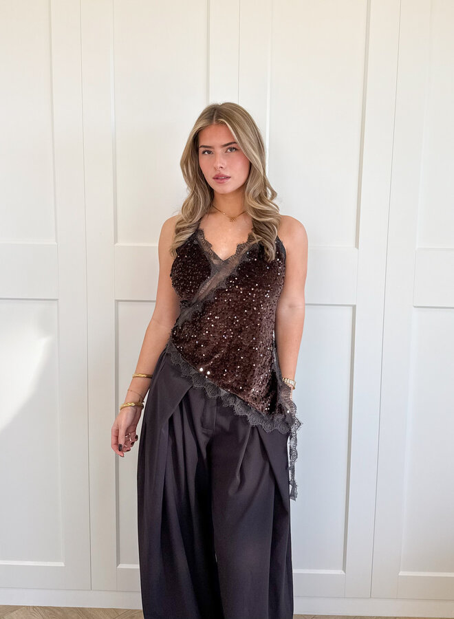 Lace velvet top bruin