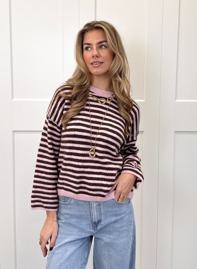 Strepen trui Fien bruin/roze