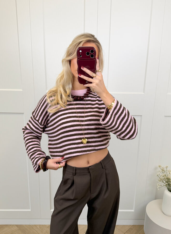 Strepen trui Fien bruin/roze