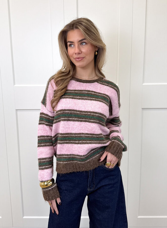 Strepen trui Loesje roze/bruin/groen