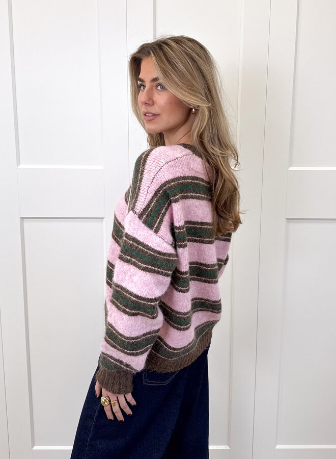 Strepen trui Loesje roze/bruin/groen