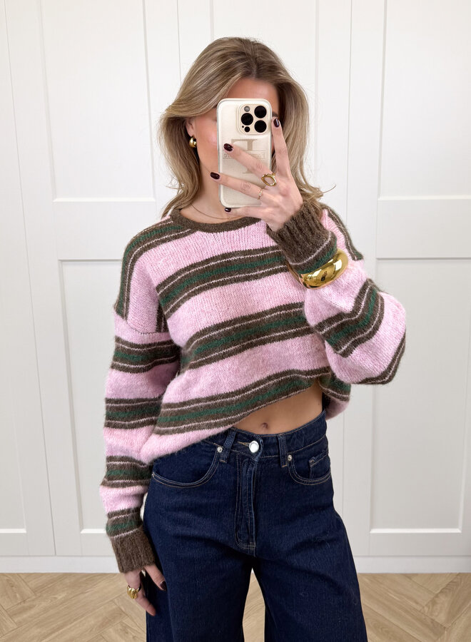 Strepen trui Loesje roze/bruin/groen