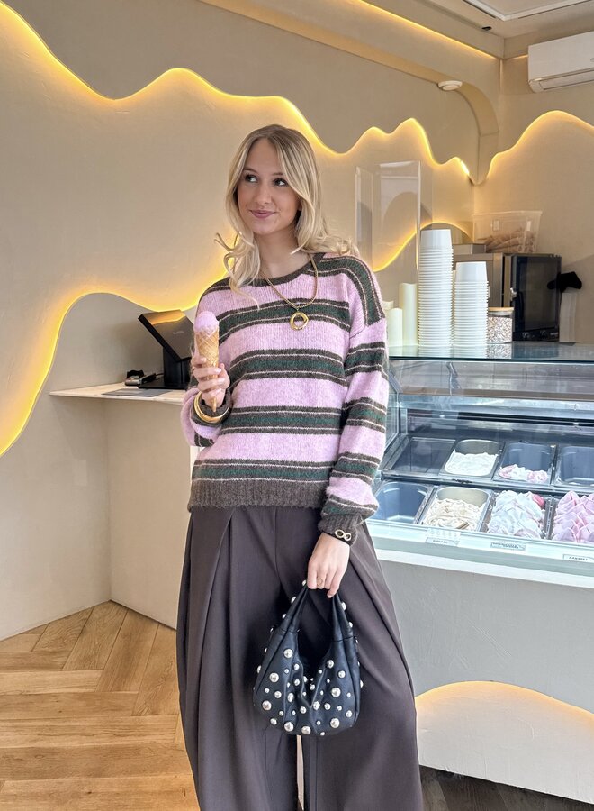 Strepen trui Loesje roze/bruin/groen