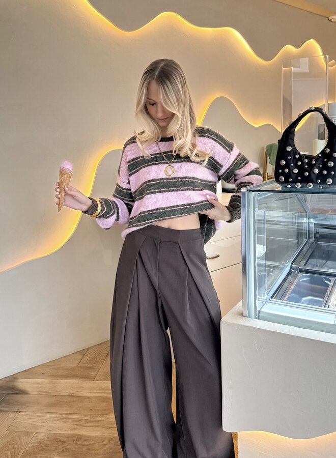 Strepen trui Loesje roze/bruin/groen