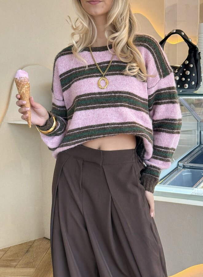 Strepen trui Loesje roze/bruin/groen