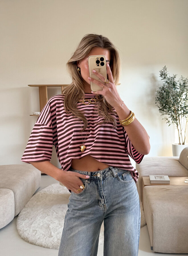 Hannah strepen tshirt roze/bruin