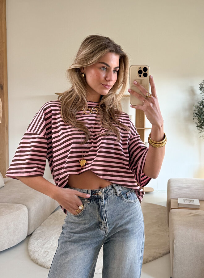 Hannah strepen tshirt roze/bruin