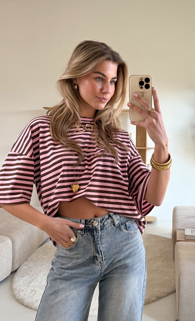 Hannah strepen tshirt roze/bruin